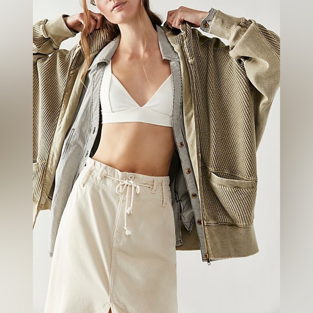 Free People FP One Ash Pieced Thermal Zip Up Oversized Hoodie Sweatshirt